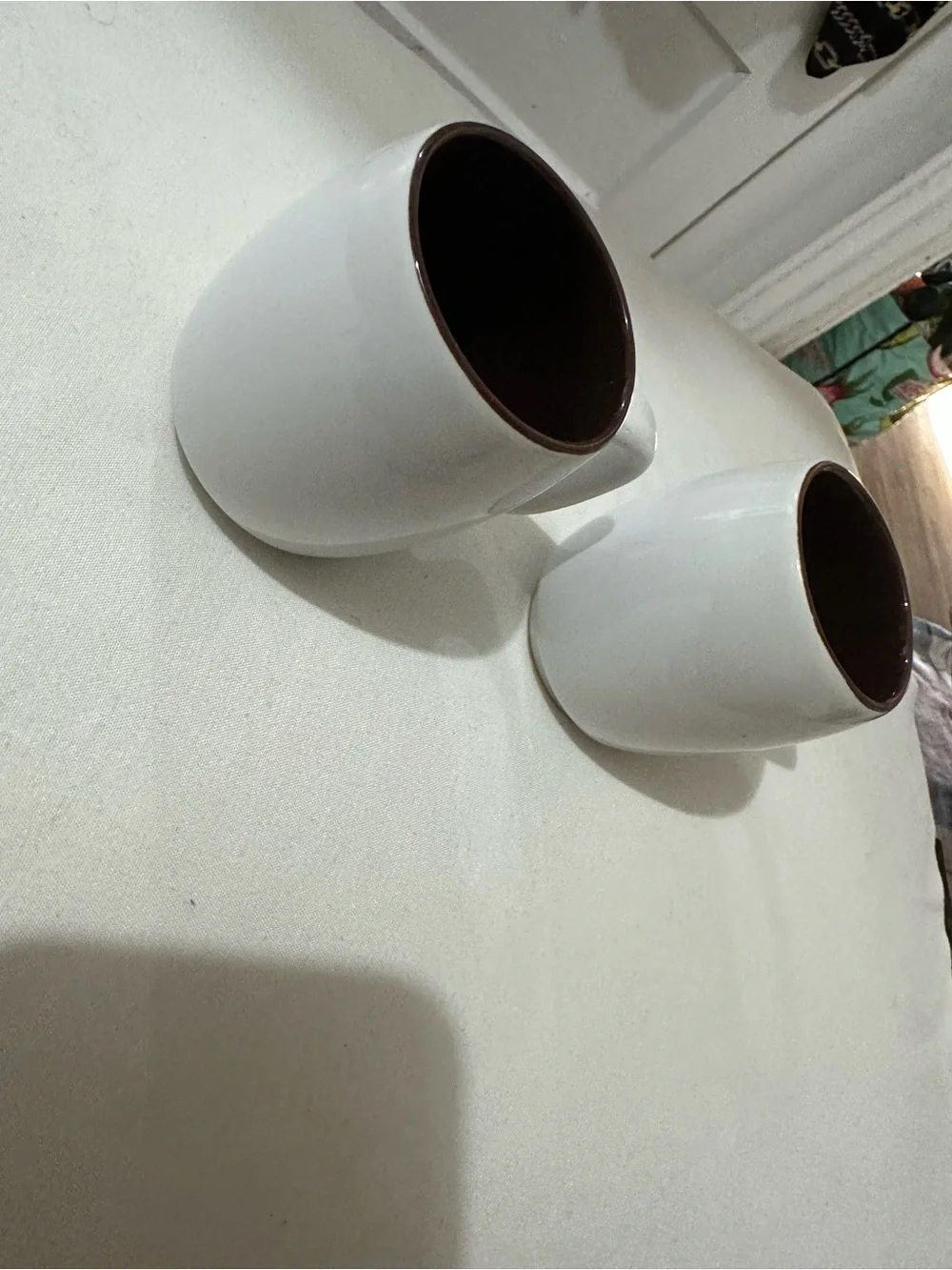 Set 2 Crate & Barrel White Brown Mini Mugs Americano Coffee Cups